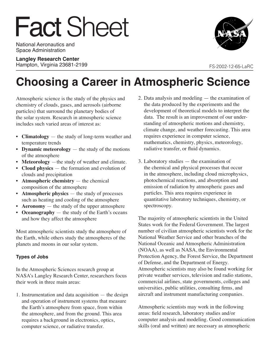 Careers in Atm Scien. Factsheet