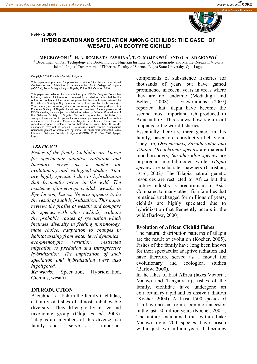 Hybridization and Speciation Among Cichlids: the Case of ‘Wesafu’, an Ecotype Cichlid