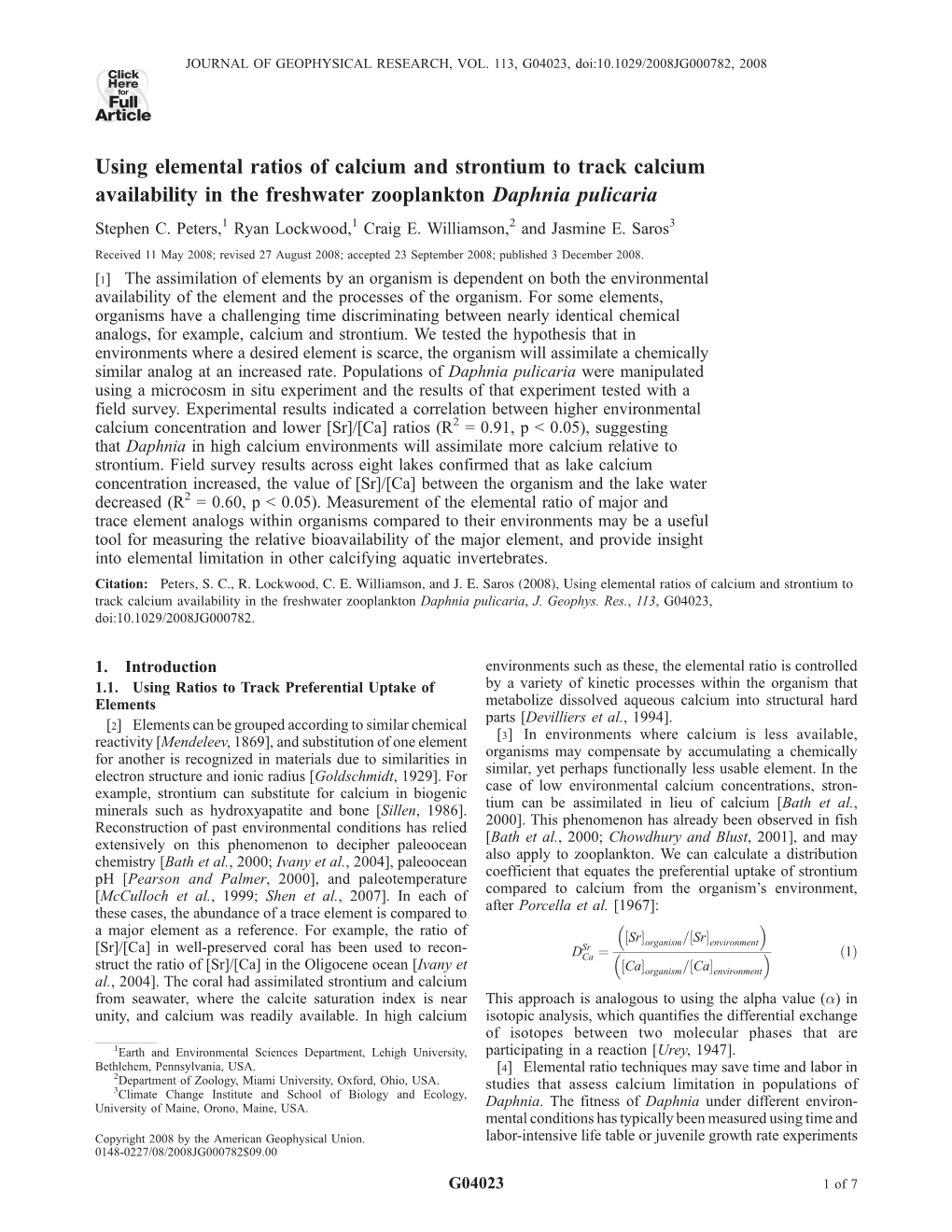 Using Elemental Ratios of Calcium and Strontium to Track Calcium Availability in the Freshwater Zooplankton Daphnia Pulicaria Stephen C