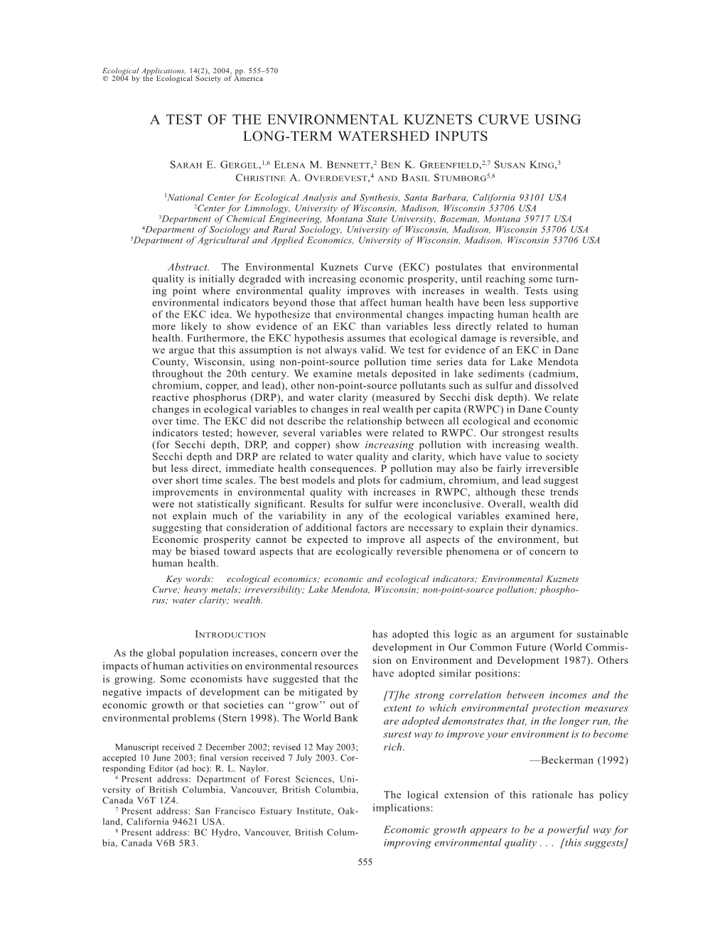 A Test of the Environmental Kuznets Curve Using Long-Term Watershed Inputs