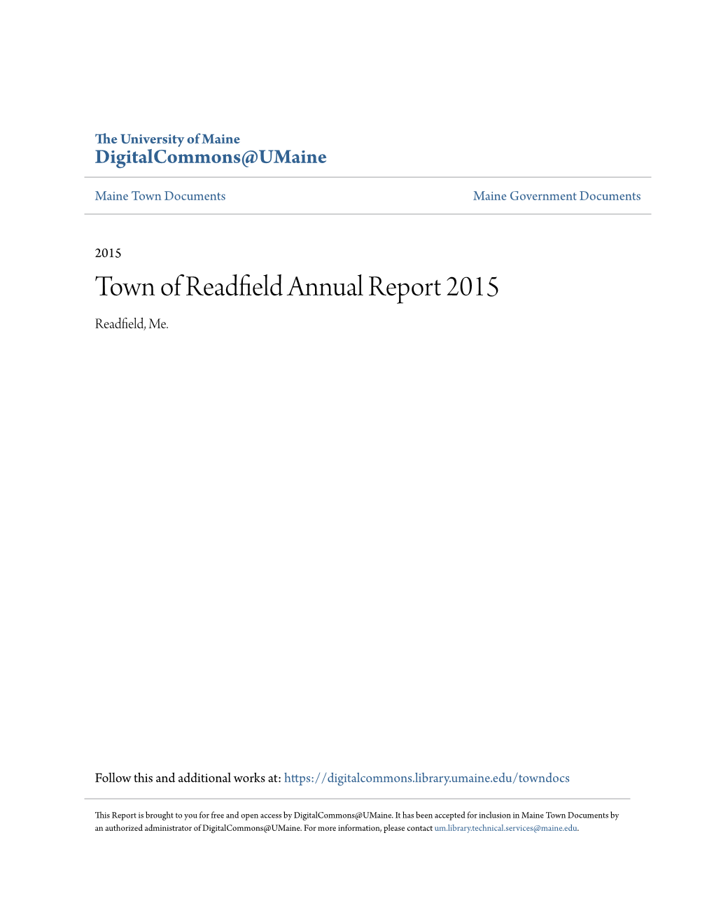 Town of Readfield Annual Report 2015 Readfield, Me
