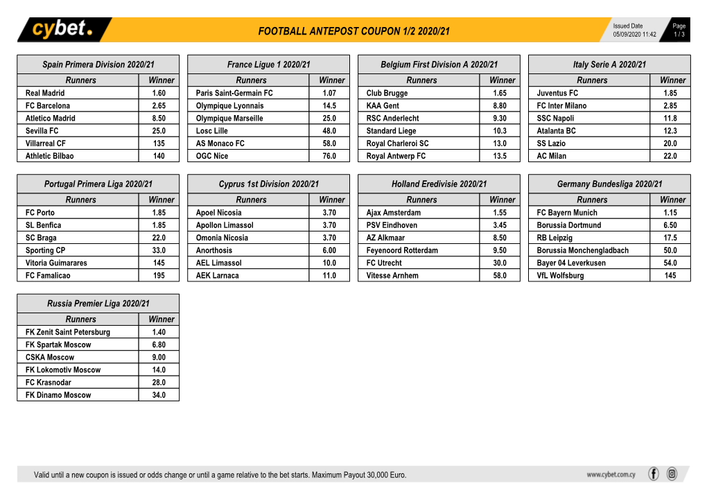 Football Antepost Coupon 1/2 2020/21 05/09/2020 11:42 1 / 3