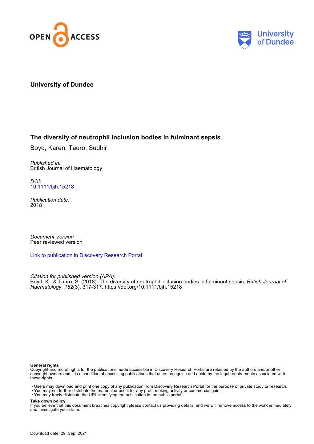 University of Dundee the Diversity of Neutrophil Inclusion Bodies in Fulminant Sepsis Boyd, Karen