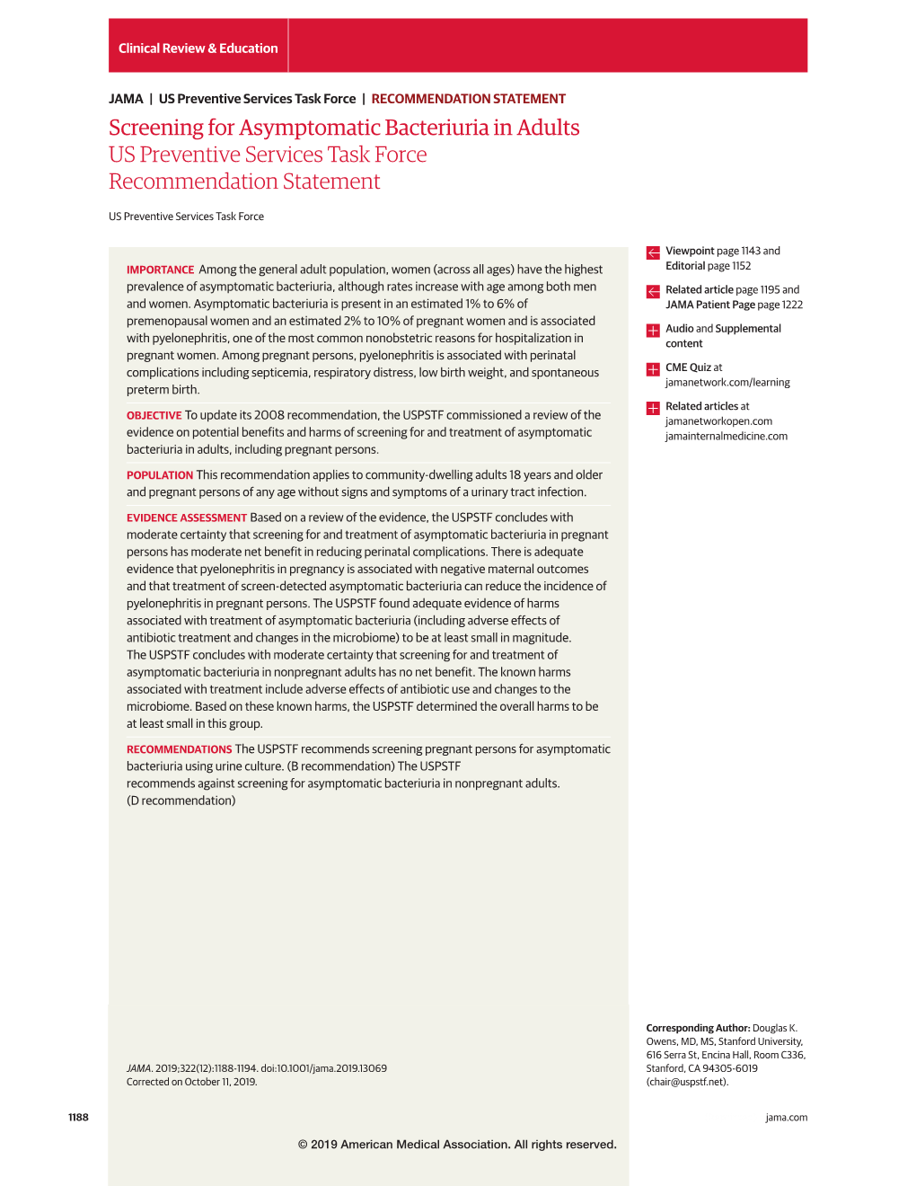 Screening for Asymptomatic Bacteriuria in Adults: US Preventive