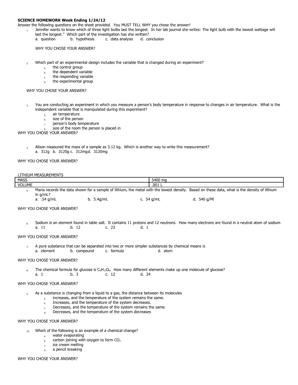 SCIENCE HOMEWORK Week Ending 12/10/10