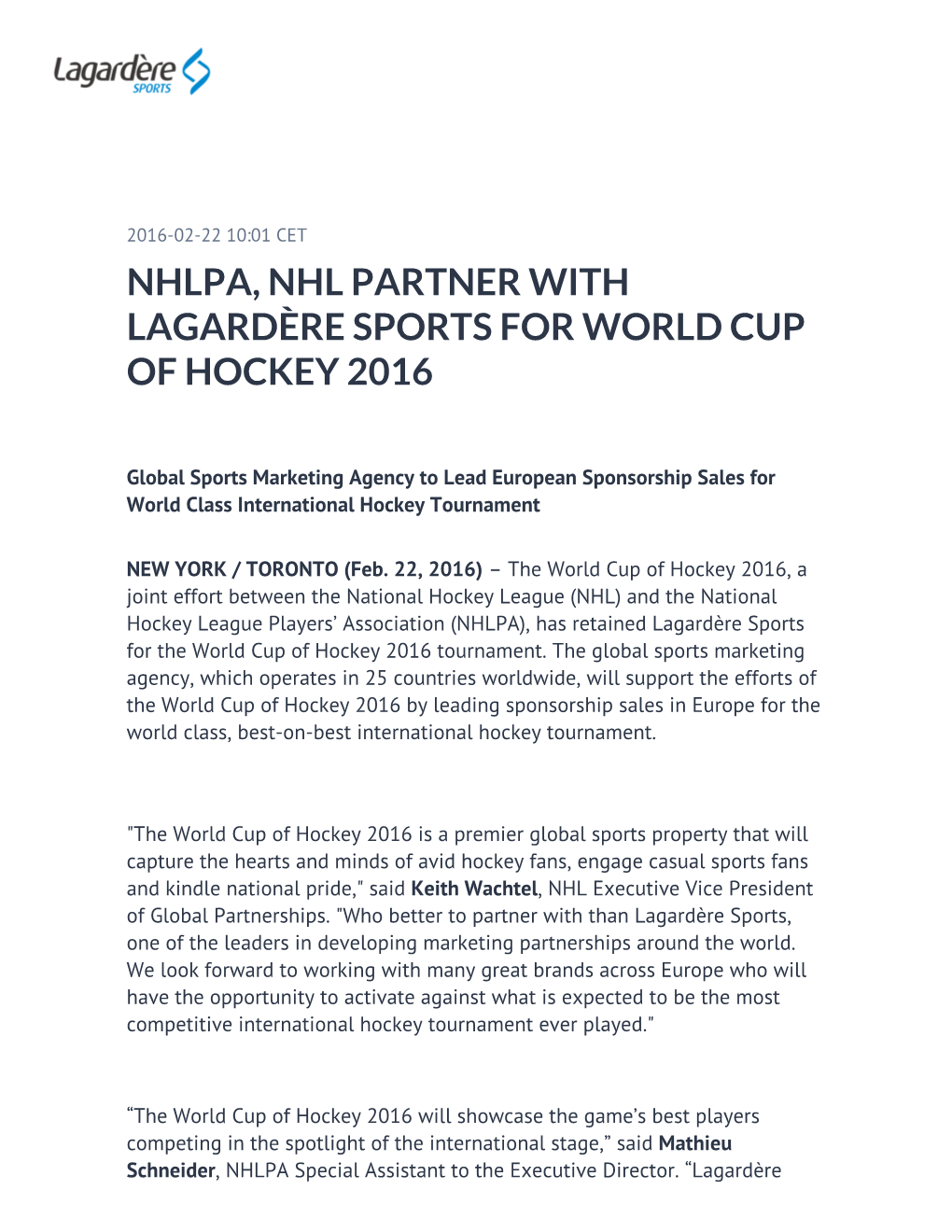 Nhlpa, Nhl Partner with Lagardère Sports for World Cup of Hockey 2016