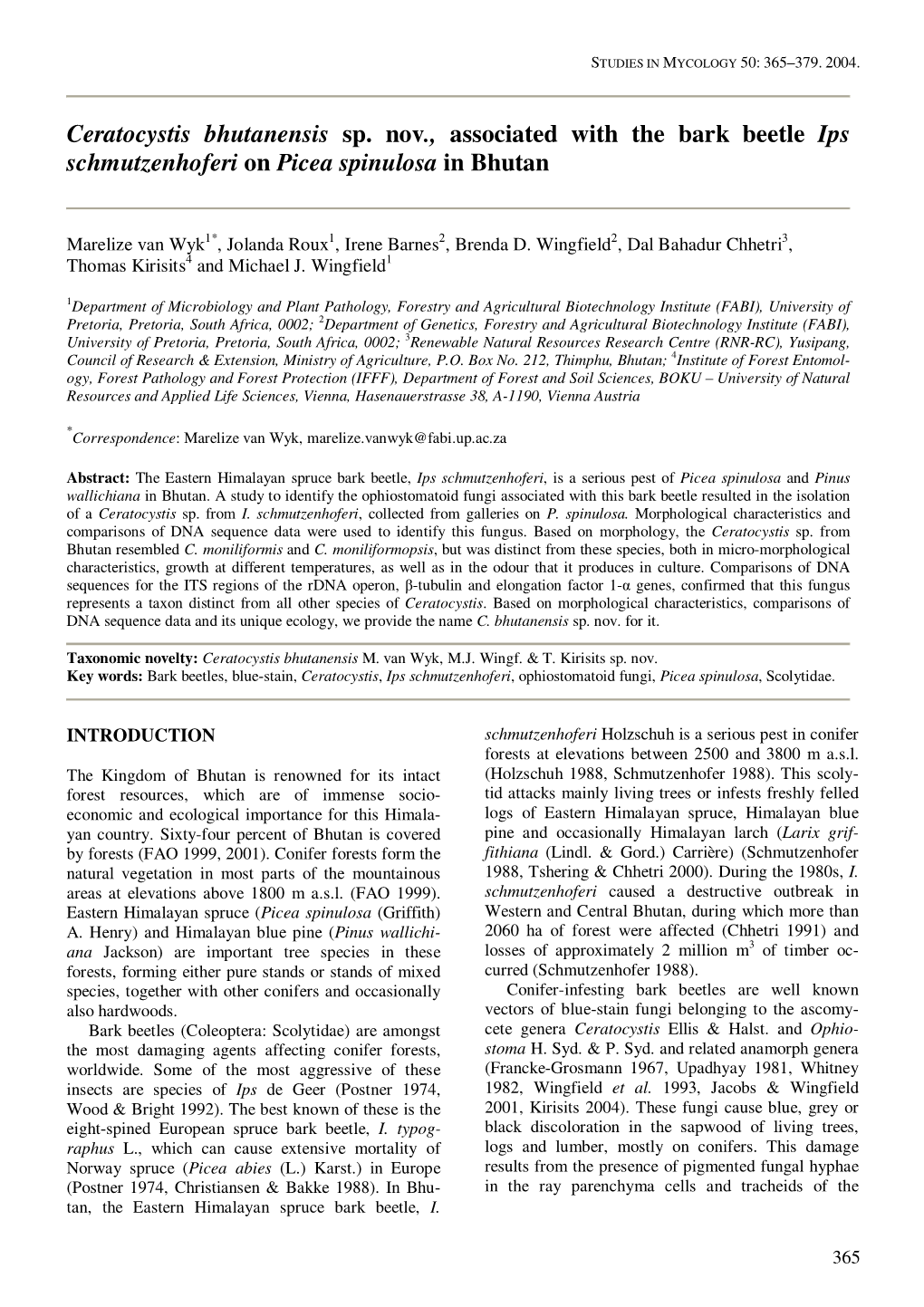 Ceratocystis Bhutanensis Sp. Nov., Associated with the Bark Beetle Ips Schmutzenhoferi on Picea Spinulosa in Bhutan