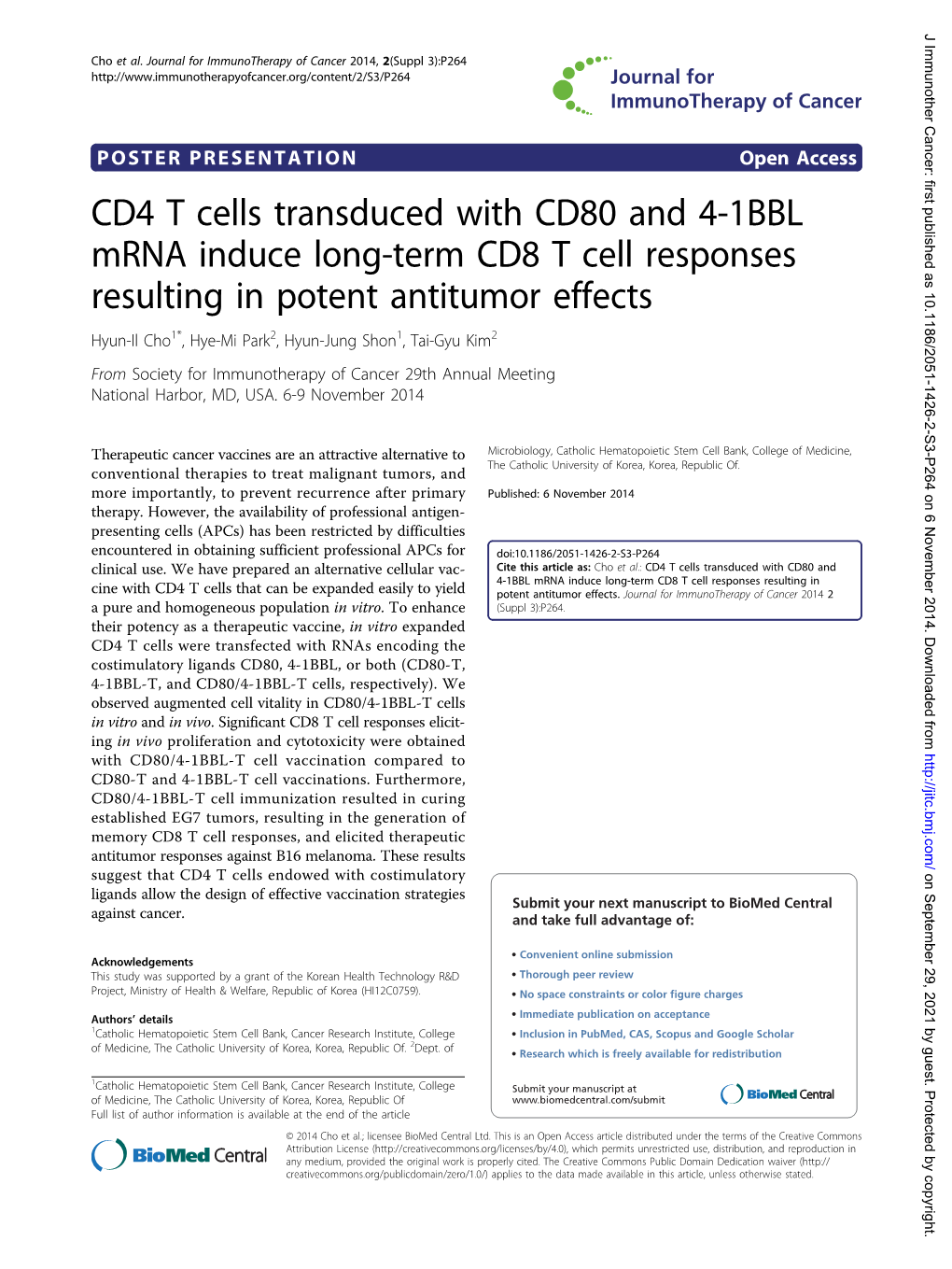 CD4 T Cells Transduced with CD80 and 4-1BBL Mrna Induce Long