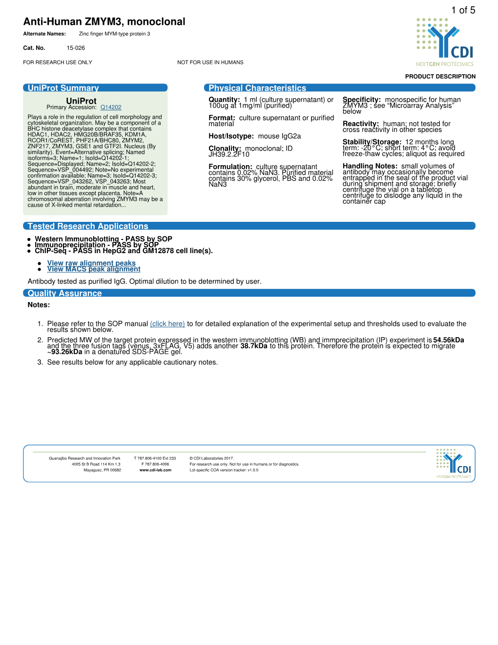 Anti-Human ZMYM3, Monoclonal Alternate Names: Zinc Finger MYM-Type Protein 3