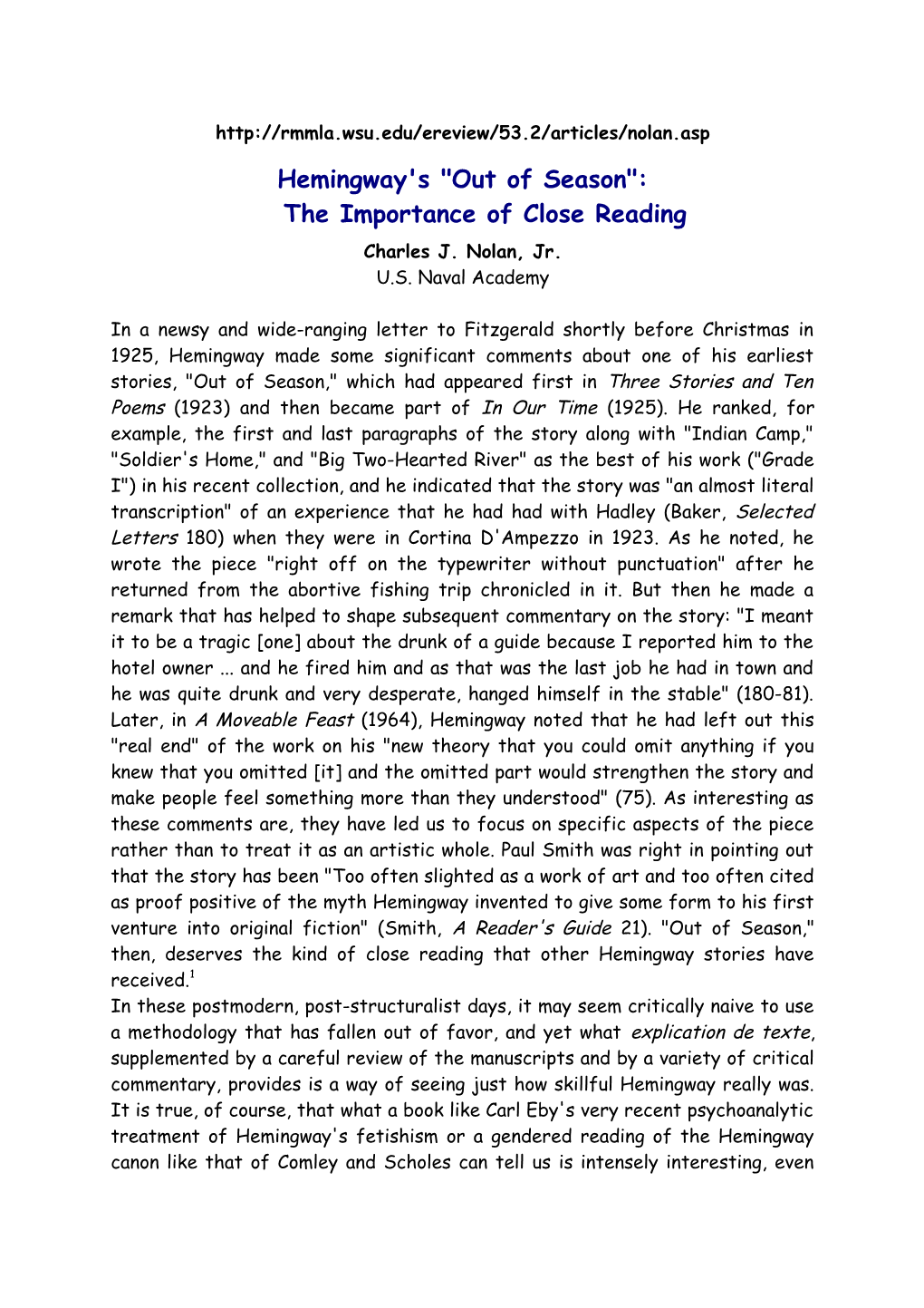 Hemingway's out of Season :The Importance of Close Reading