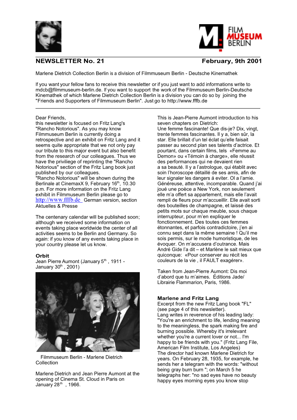 NEWSLETTER No. 21 February, 9Th 2001