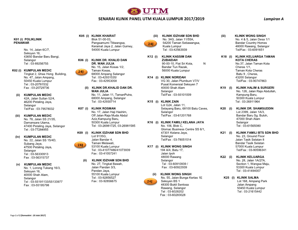 SENARAI KLINIK PANEL UTM KUALA LUMPUR 2017/2019 Lampiran A