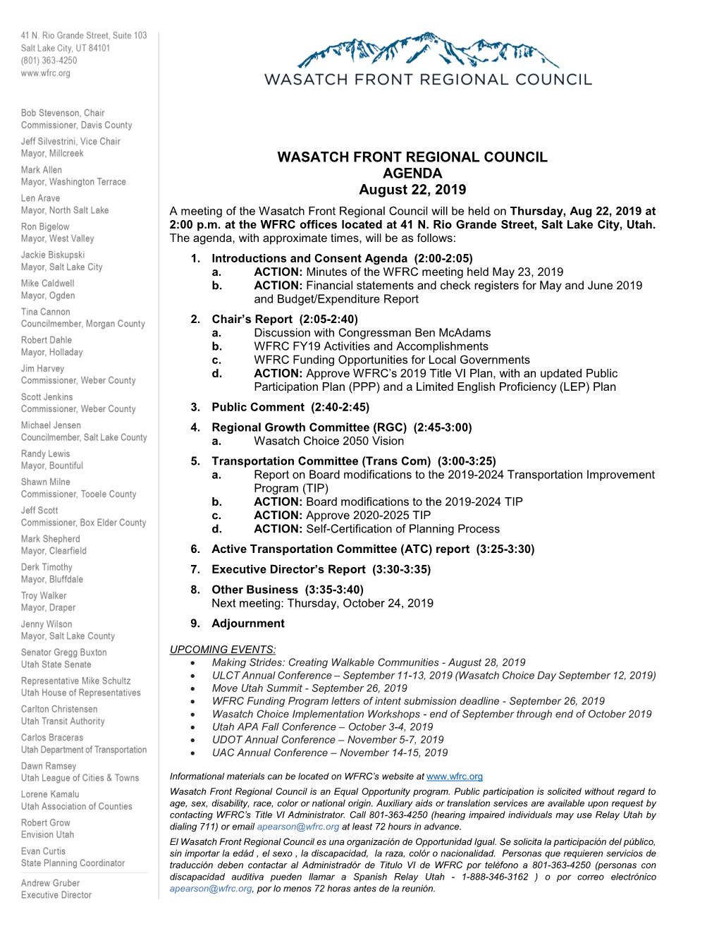 WASATCH FRONT REGIONAL COUNCIL AGENDA August 22, 2019