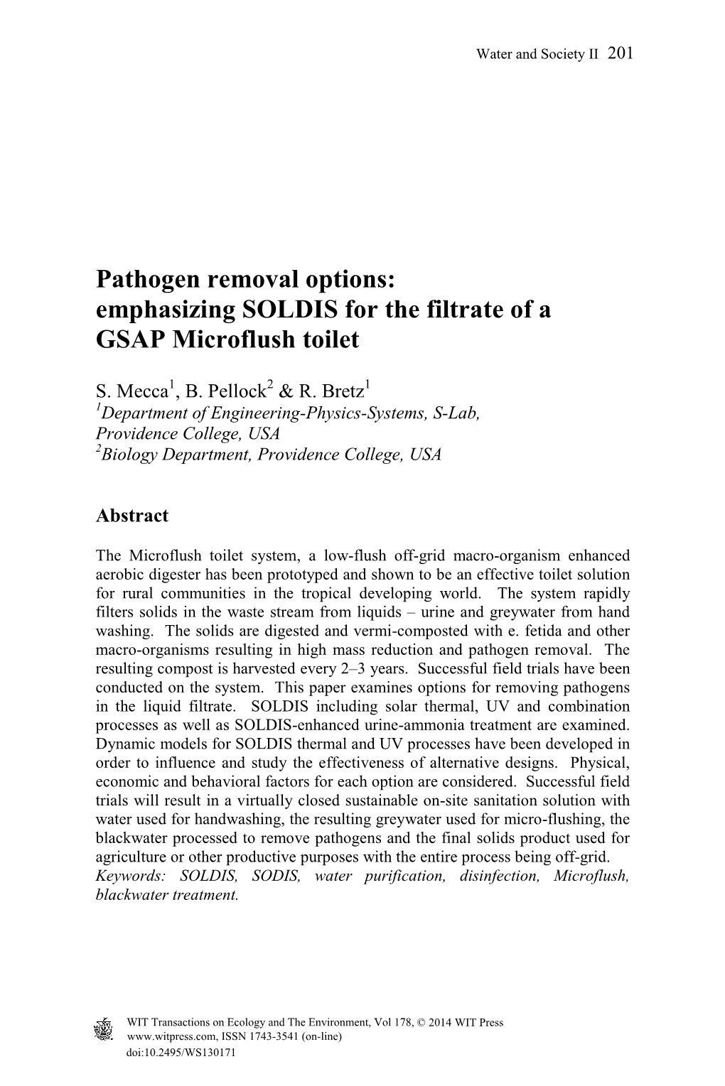 Pathogen Removal Options: Emphasizing SOLDIS for the Filtrate of a GSAP Microflush Toilet