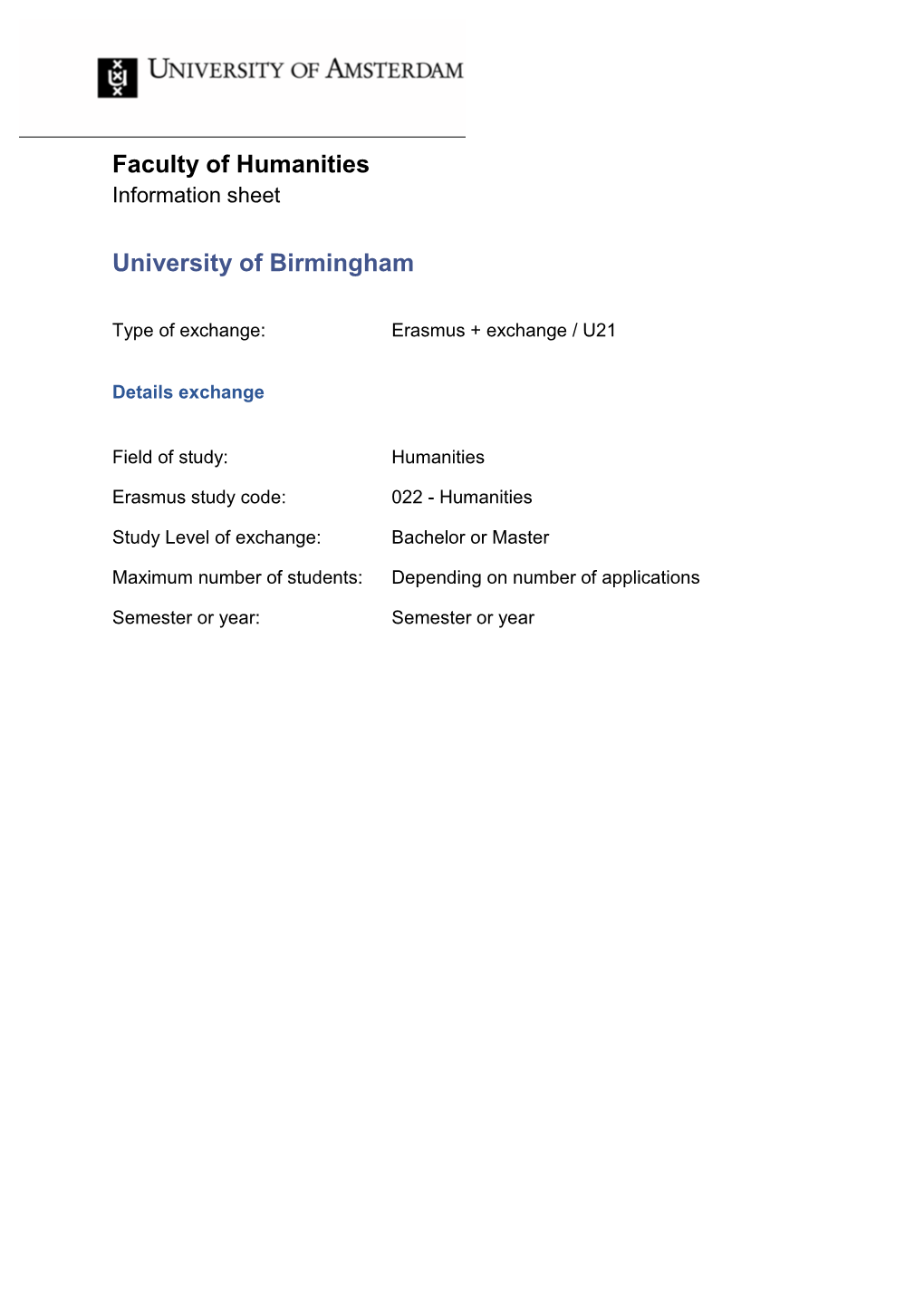 Faculty of Humanities University of Birmingham