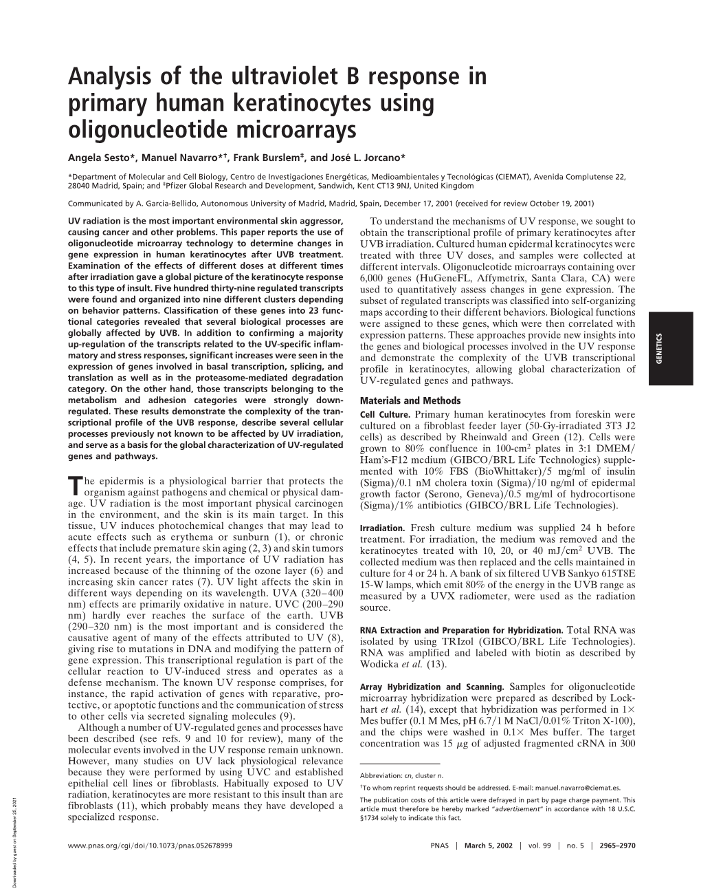 Analysis of the Ultraviolet B Response in Primary Human Keratinocytes Using Oligonucleotide Microarrays