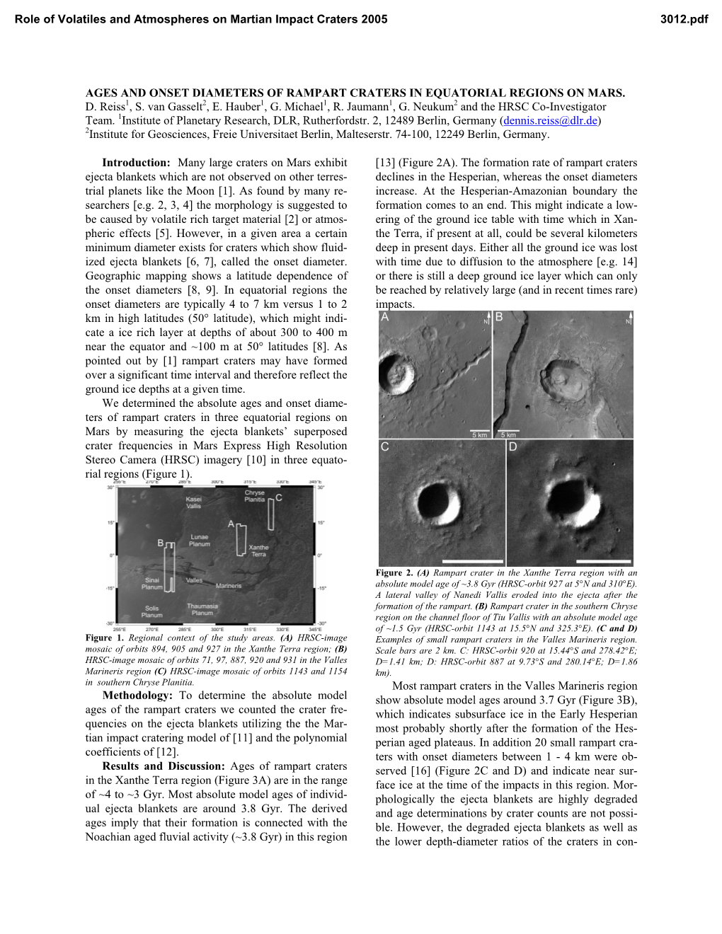 Ages and Onset Diameters of Rampart Craters in Equatorial Regions on Mars