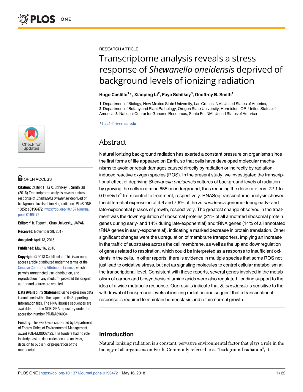 Transcriptome Analysis Reveals a Stress Response of Shewanella Oneidensis Deprived of Background Levels of Ionizing Radiation