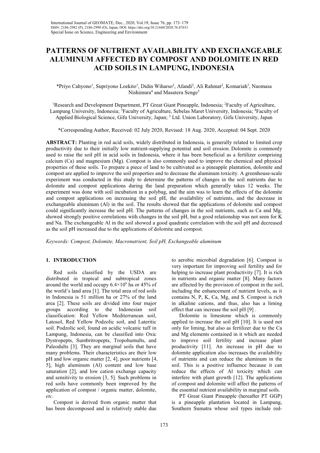 Patterns of Nutrient Availability and Exchangeable Aluminum Affected by Compost and Dolomite in Red Acid Soils in Lampung, Indonesia