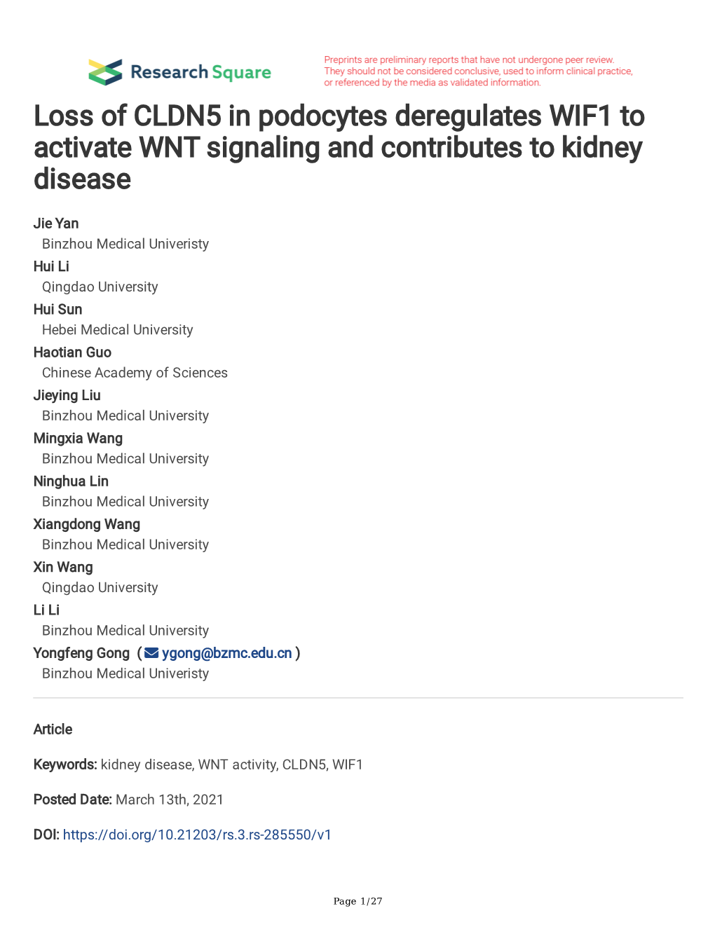 Loss of CLDN5 in Podocytes Deregulates WIF1 to Activate WNT Signaling and Contributes to Kidney Disease