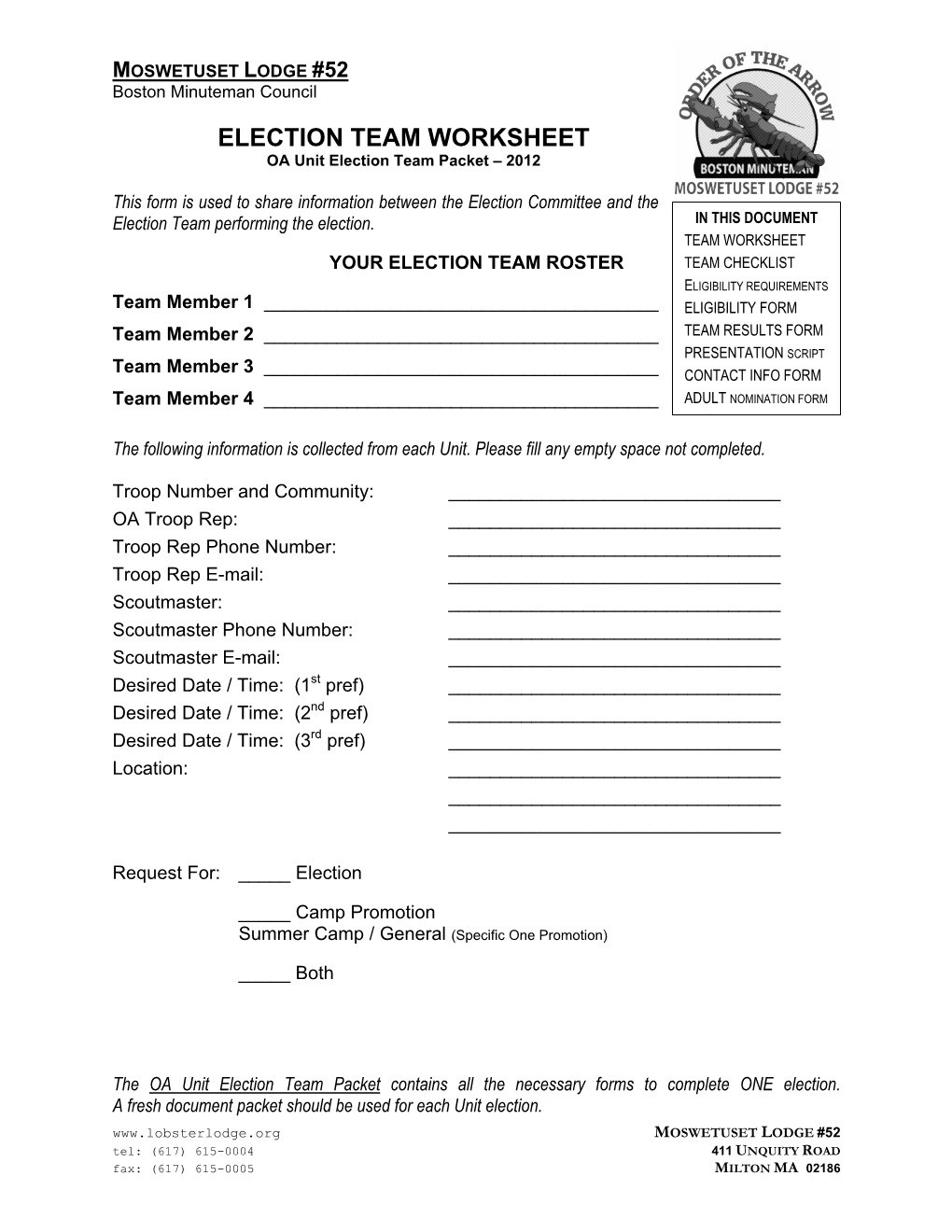 ELECTION TEAM WORKSHEET OA Unit Election Team Packet – 2012