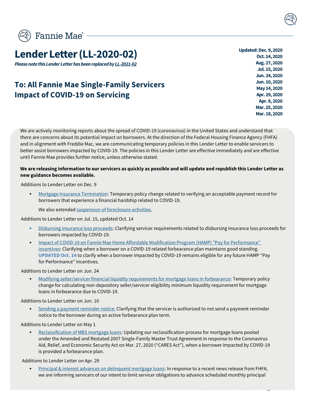 Lender Letter (LL-2020-02) Oct