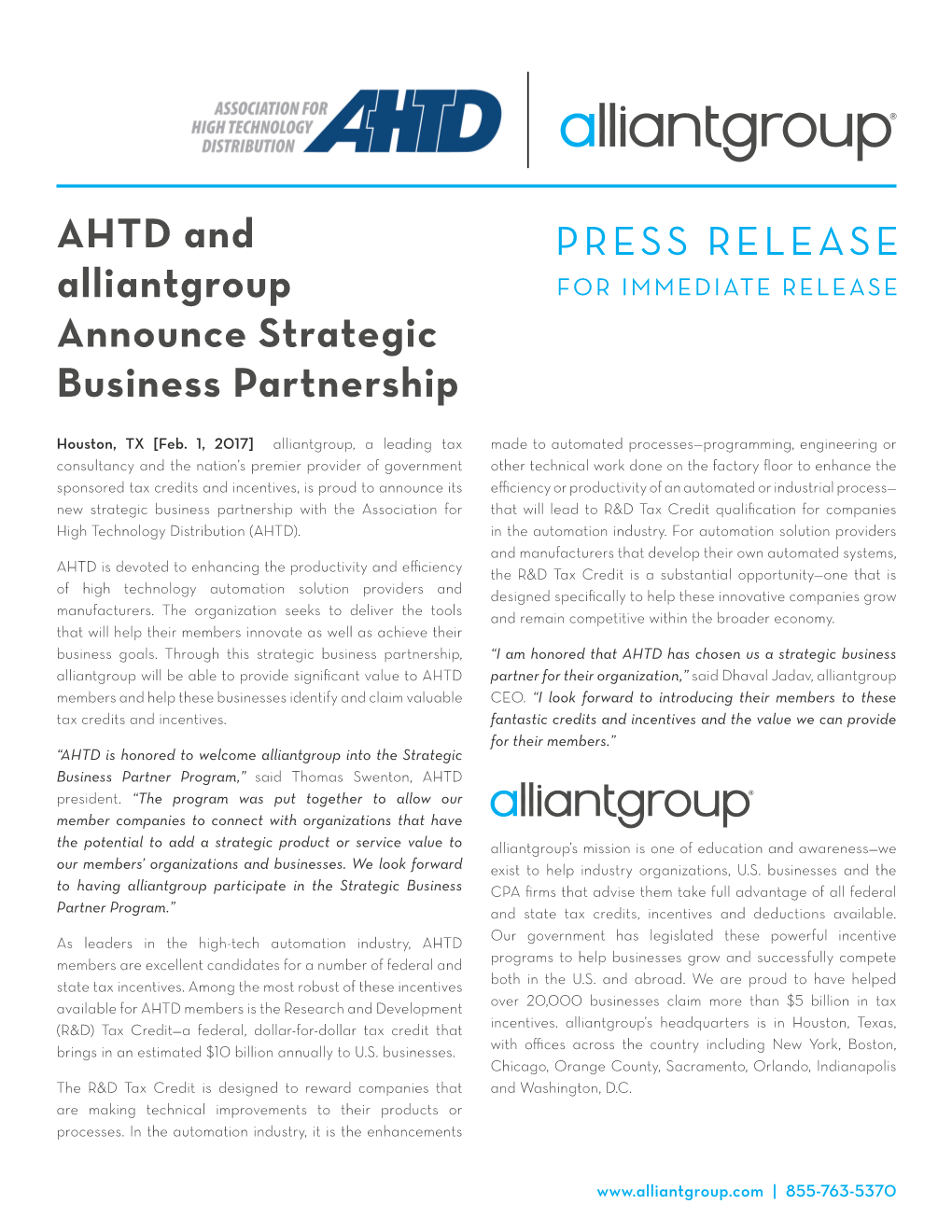 AHTD and Alliantgroup Announce Strategic Business Partnership