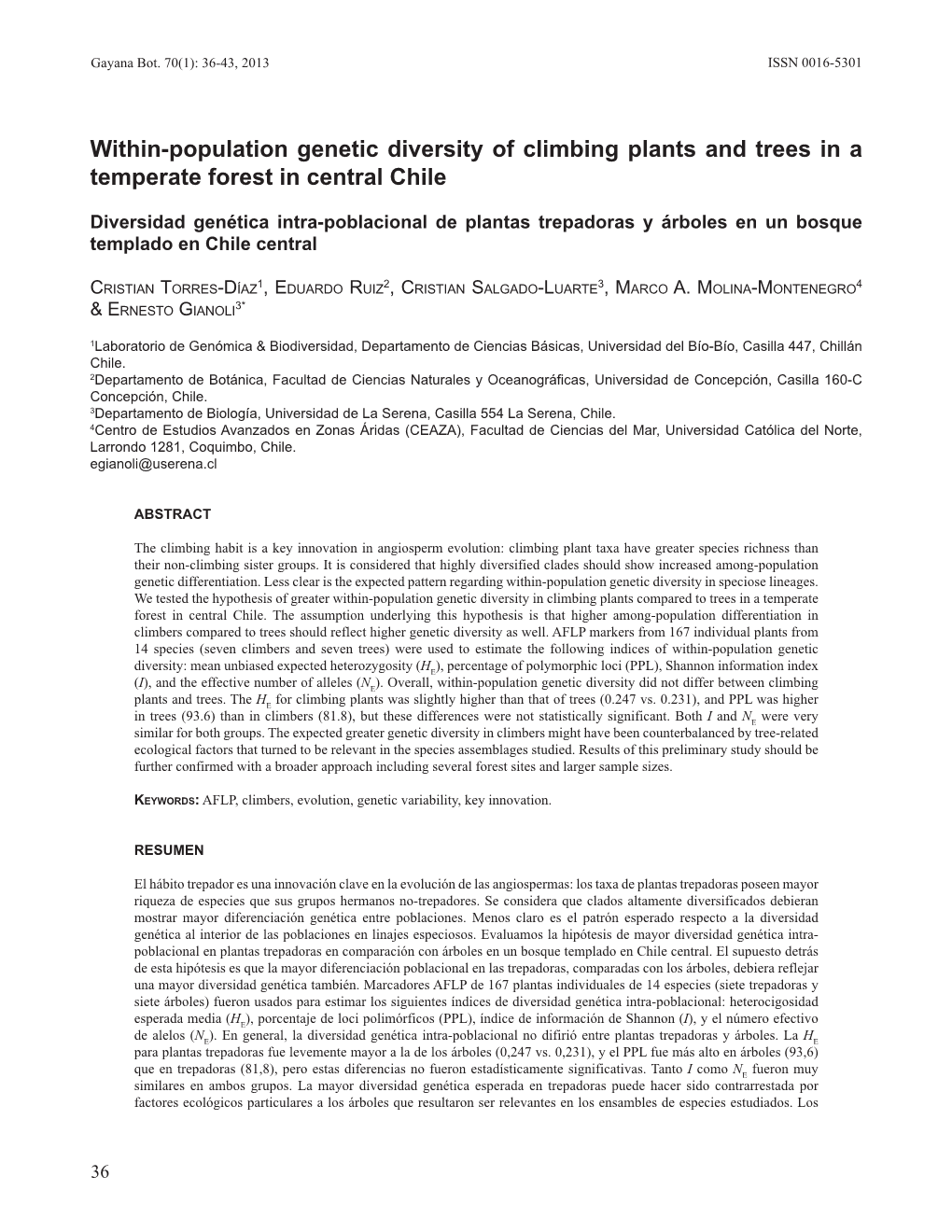 Within-Population Genetic Diversity of Climbing Plants and Trees in a Temperate Forest in Central Chile