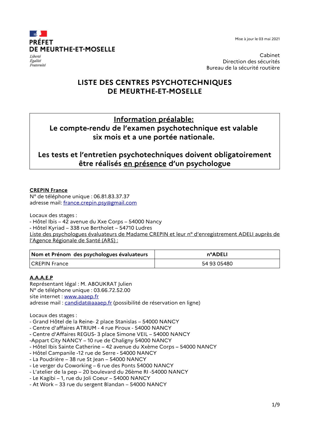 Liste Des Centres Psychotechniques De Meurthe-Et-Moselle