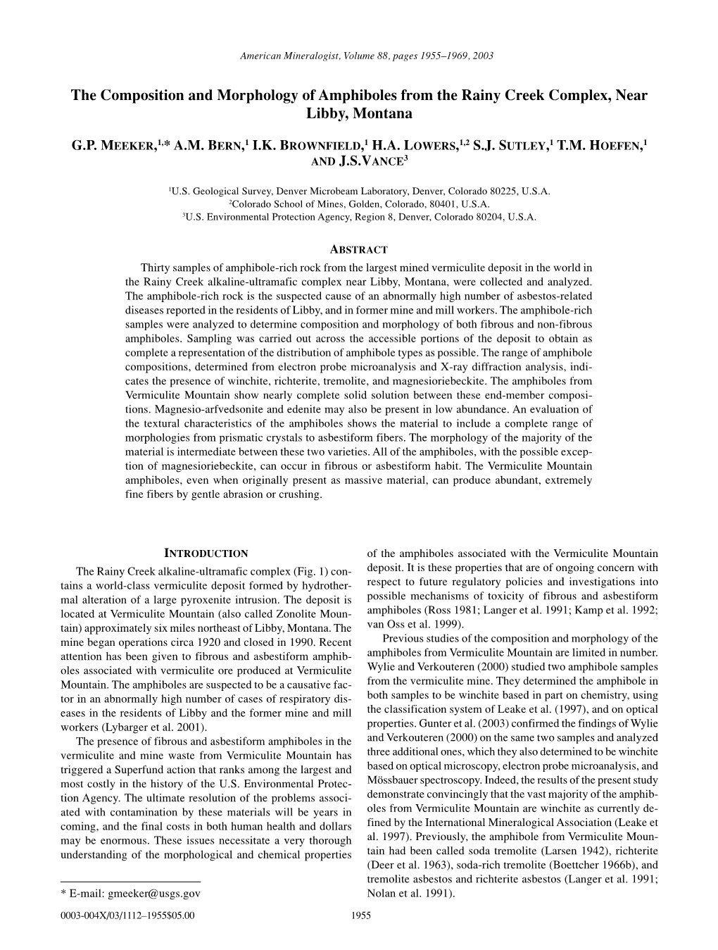 Meeker Et Al. 2003. the Composition of Amphiboles from the Rainy