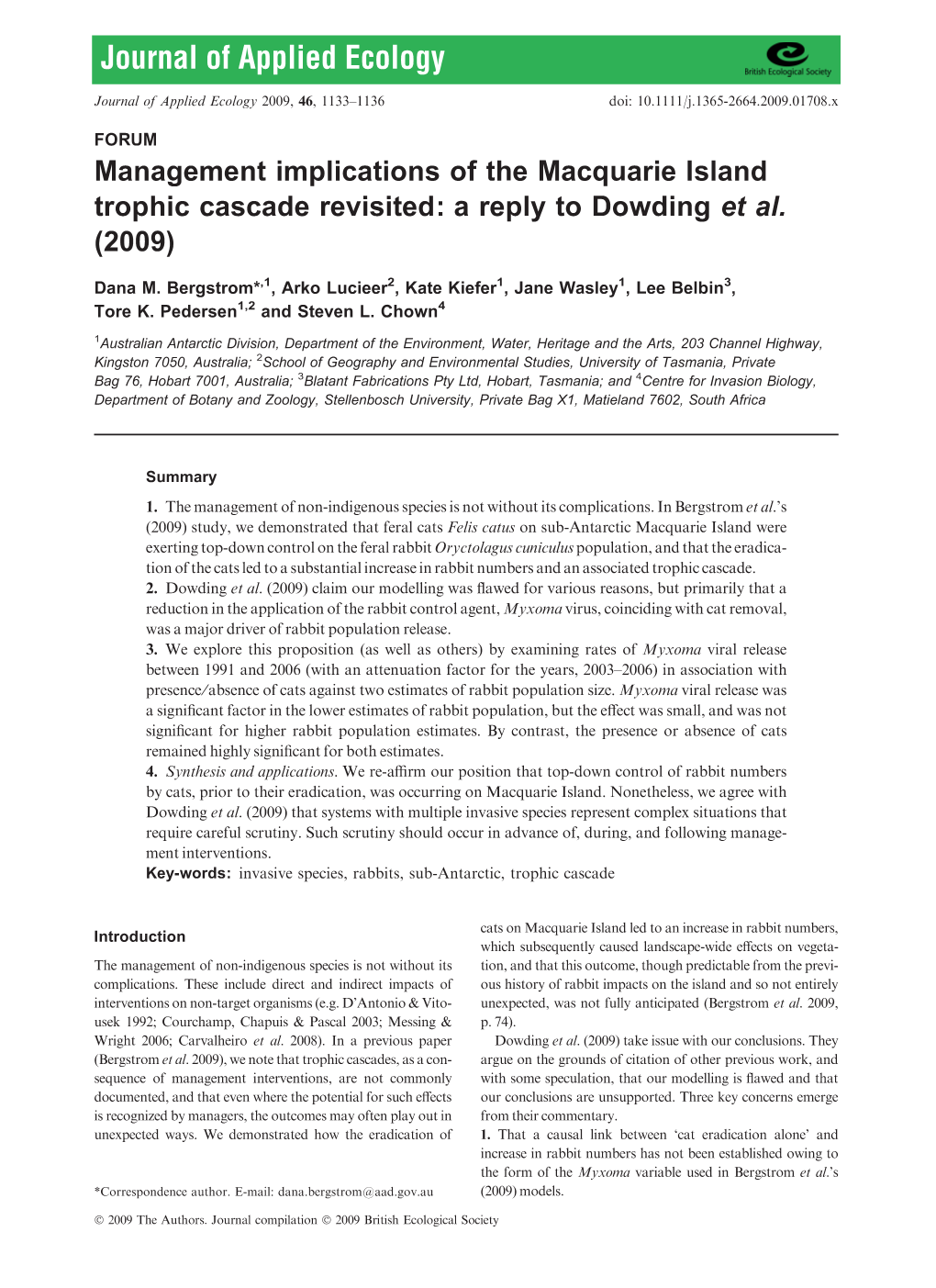 Management Implications of the Macquarie Island Trophic Cascade Revisited: a Reply to Dowding Et Al