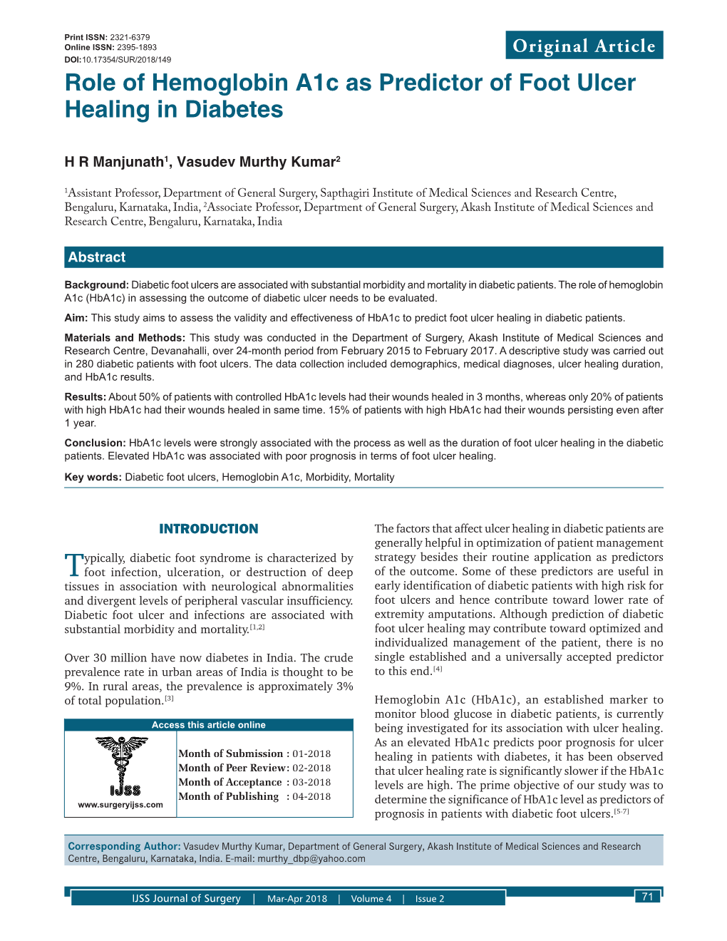 Role of Hemoglobin A1c As Predictor of Foot Ulcer Healing in Diabetes