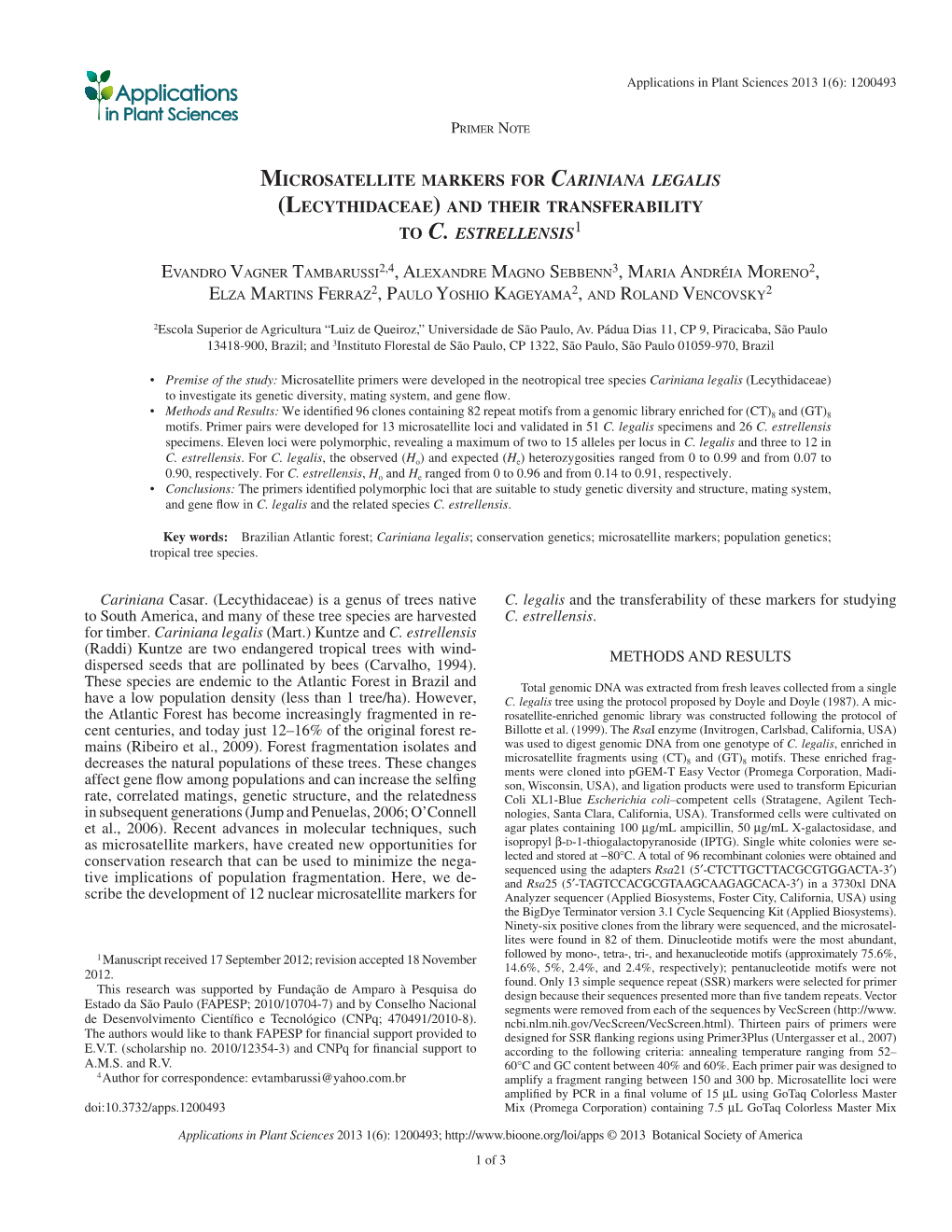 Microsatellite Markers for Cariniana Legalis