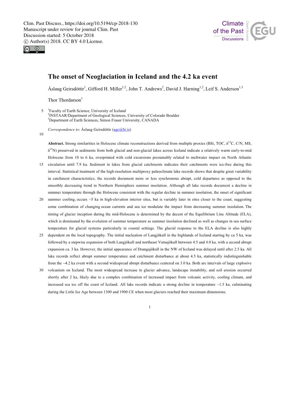 The Onset of Neoglaciation in Iceland and the 4.2 Ka Event