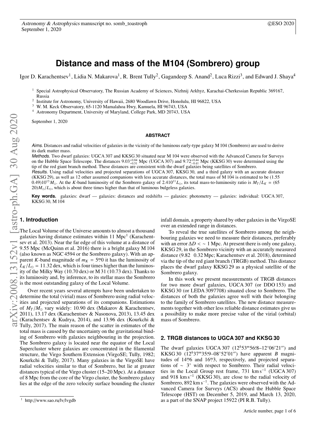 Distance and Mass of the M104 (Sombrero) Group