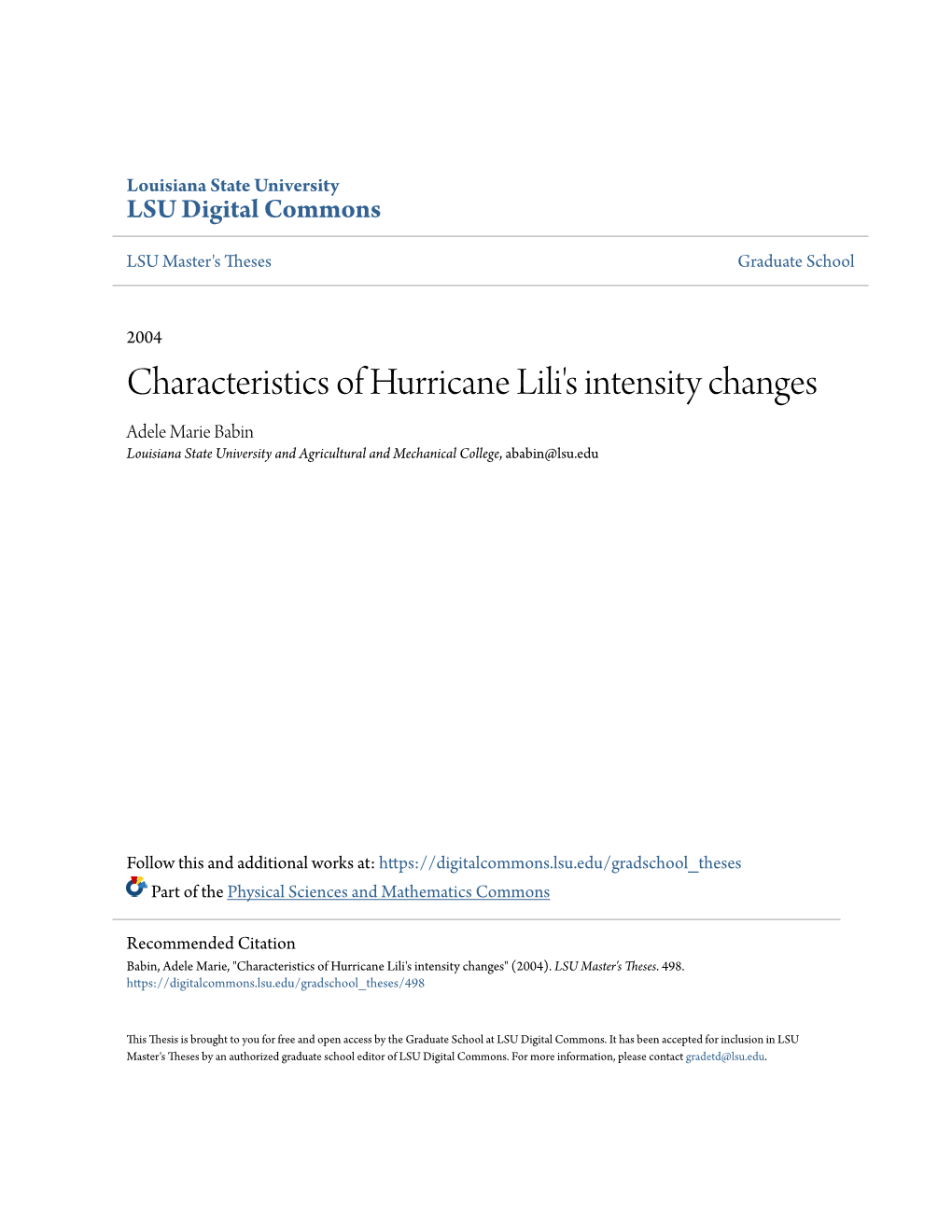 Characteristics of Hurricane Lili's Intensity Changes Adele Marie Babin Louisiana State University and Agricultural and Mechanical College, Ababin@Lsu.Edu