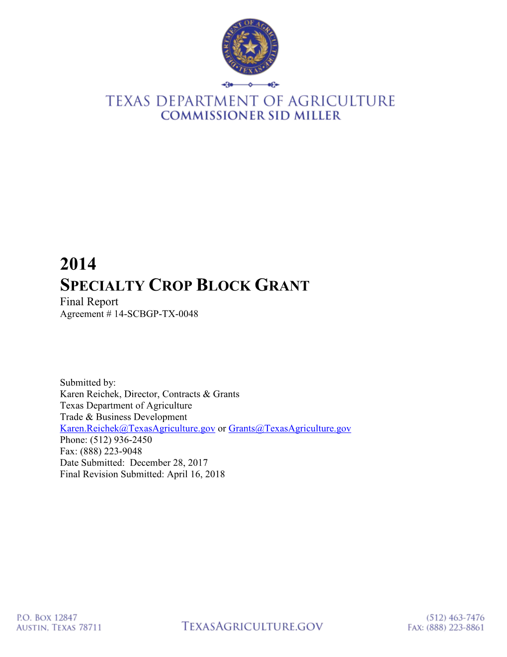 2014 SPECIALTY CROP BLOCK GRANT Final Report Agreement # 14-SCBGP-TX-0048