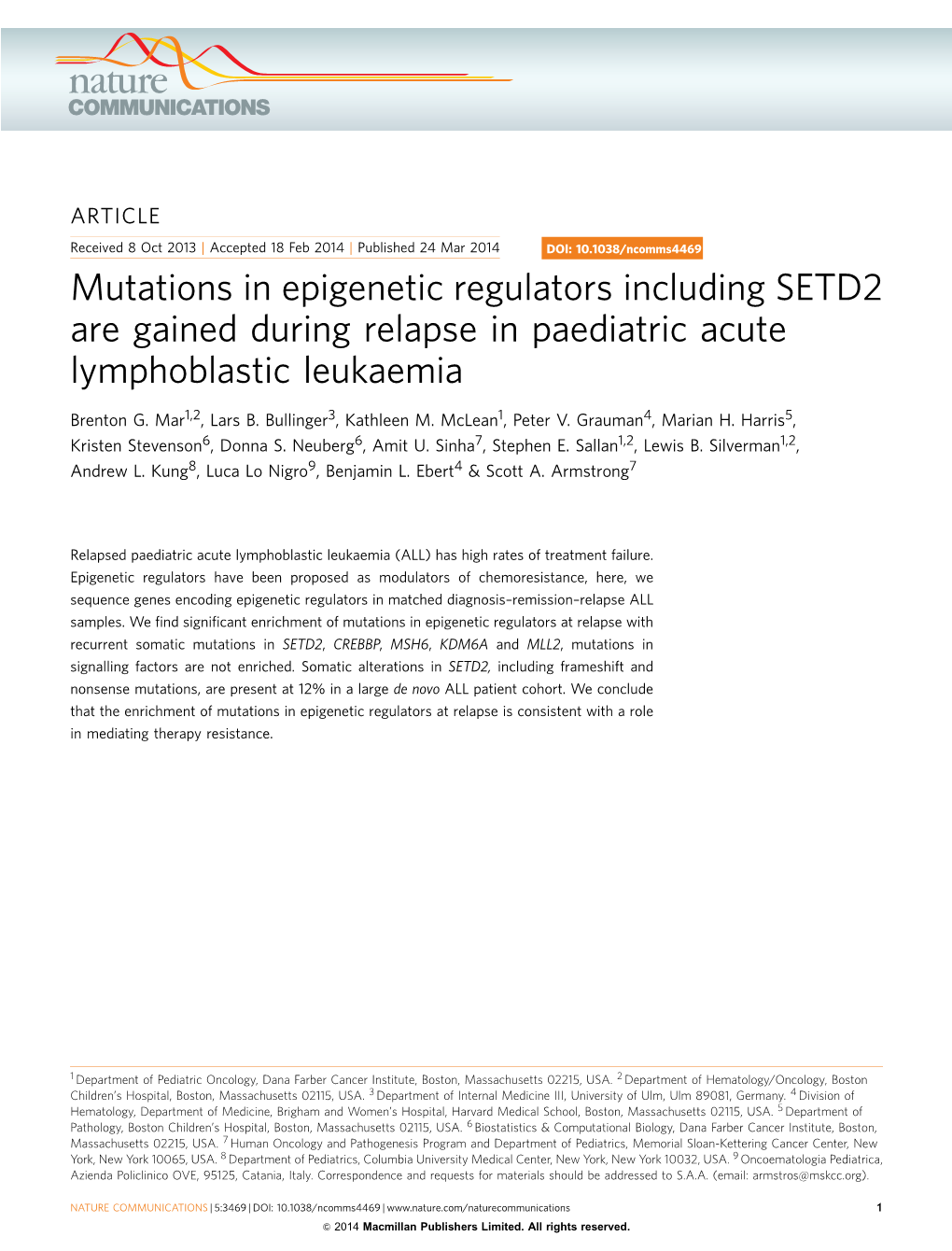 Mutations in Epigenetic Regulators Including SETD2 Are Gained During Relapse in Paediatric Acute Lymphoblastic Leukaemia