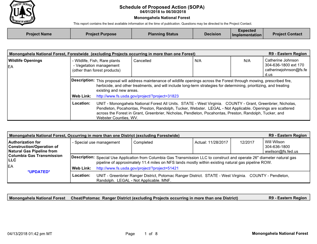 Schedule of Proposed Action (SOPA) 04/01/2018 to 06/30/2018 Monongahela National Forest This Report Contains the Best Available Information at the Time of Publication