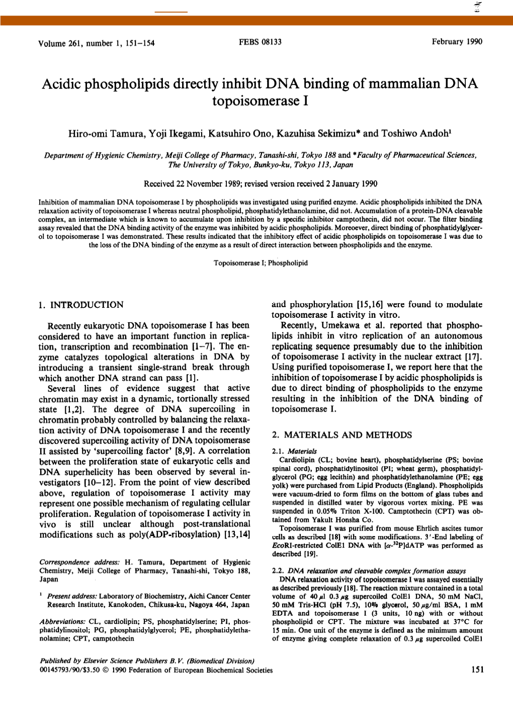 Acidic Phospholipids Directly Inhibit DNA Binding of Mammalian DNA Topoisomerase I