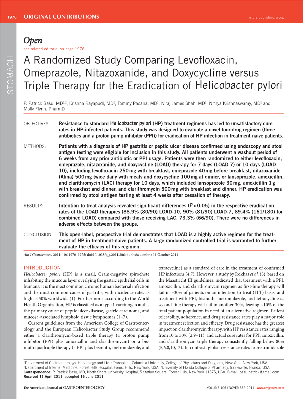 A Randomized Study Comparing Levofloxacin, Omeprazole, Nitazoxanide, and Doxycycline Versus Triple Therapy for the Eradication O