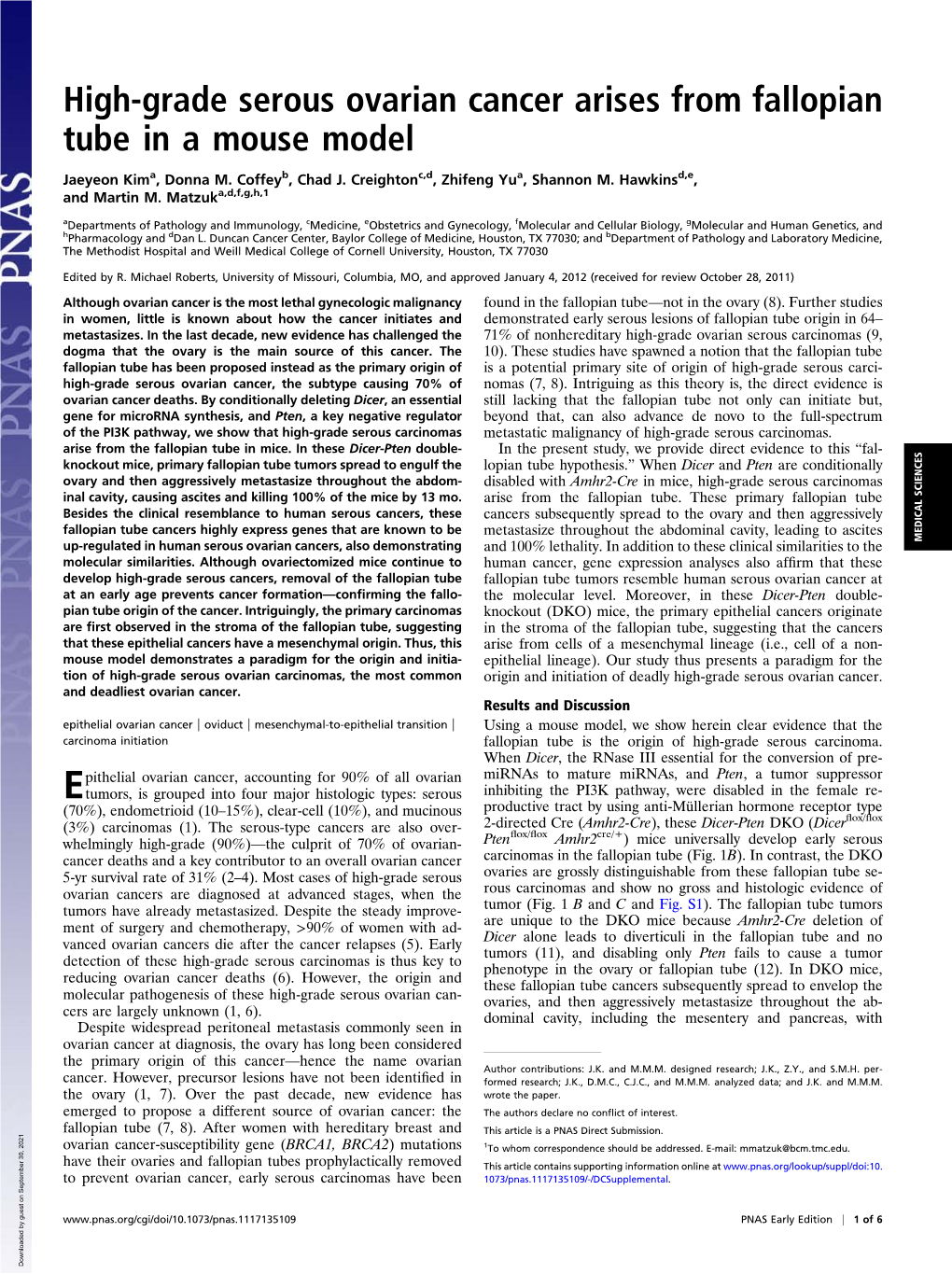 High-Grade Serous Ovarian Cancer Arises from Fallopian Tube in a Mouse Model