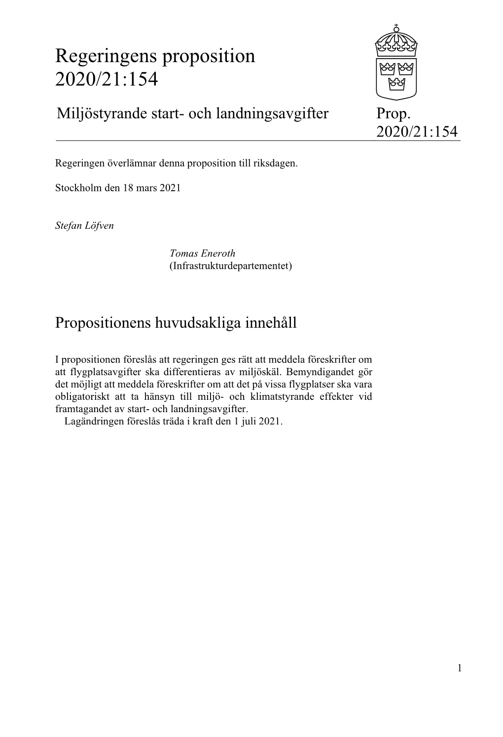 Miljöstyrande Start- Och Landningsavgifter, Prop. 2020/21:154