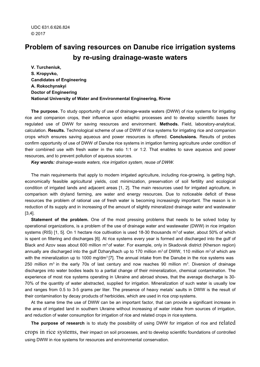 Problem of Saving Resources on Danube Rice Irrigation Systems by Re-Using Drainage-Waste Waters V