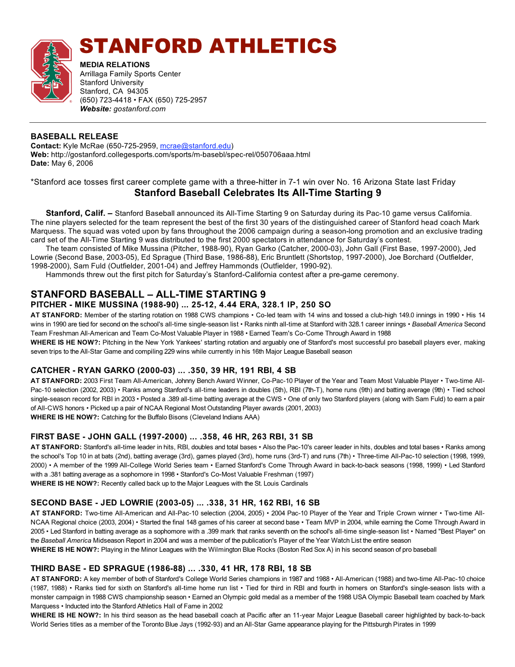 STANFORD ATHLETICS MEDIA RELATIONS Arrillaga Family Sports Center Stanford University Stanford, CA 94305 (650) 723-4418 • FAX (650) 725-2957 Website: Gostanford.Com