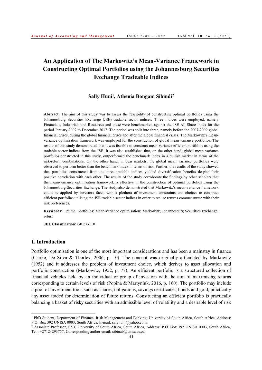 An Application of the Markowitz's Mean-Variance Framework in Constructing Optimal Portfolios Using the Johannesburg Securities