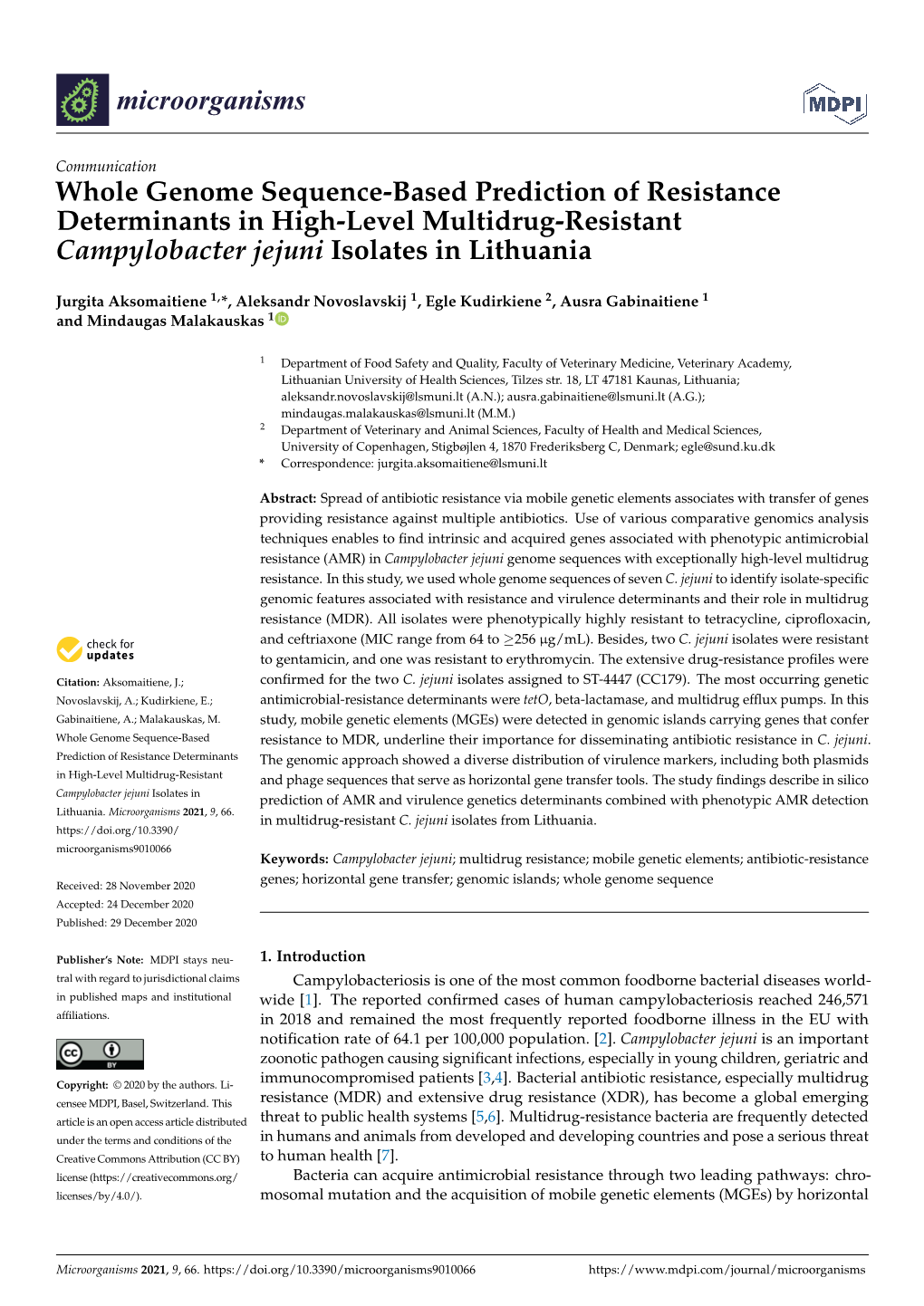 Whole Genome Sequence-Based Prediction of Resistance Determinants in High-Level Multidrug-Resistant Campylobacter Jejuni Isolates in Lithuania