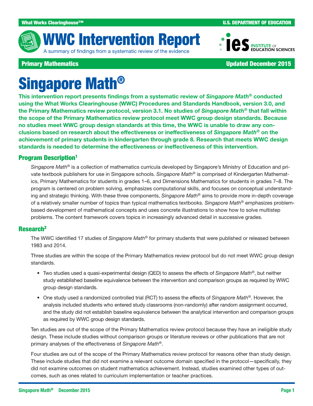 Singapore Math® WWC Intervention Report