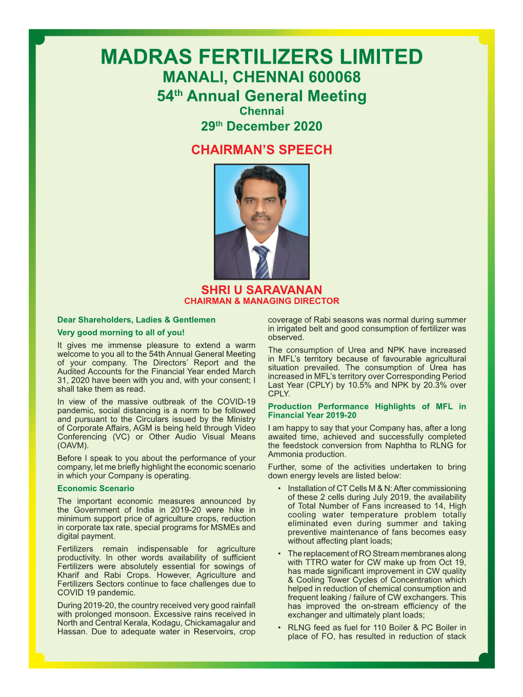 MANALI, CHENNAI 600068 54Th Annual General Meeting Chennai 29Th December 2020 CHAIRMAN’S SPEECH