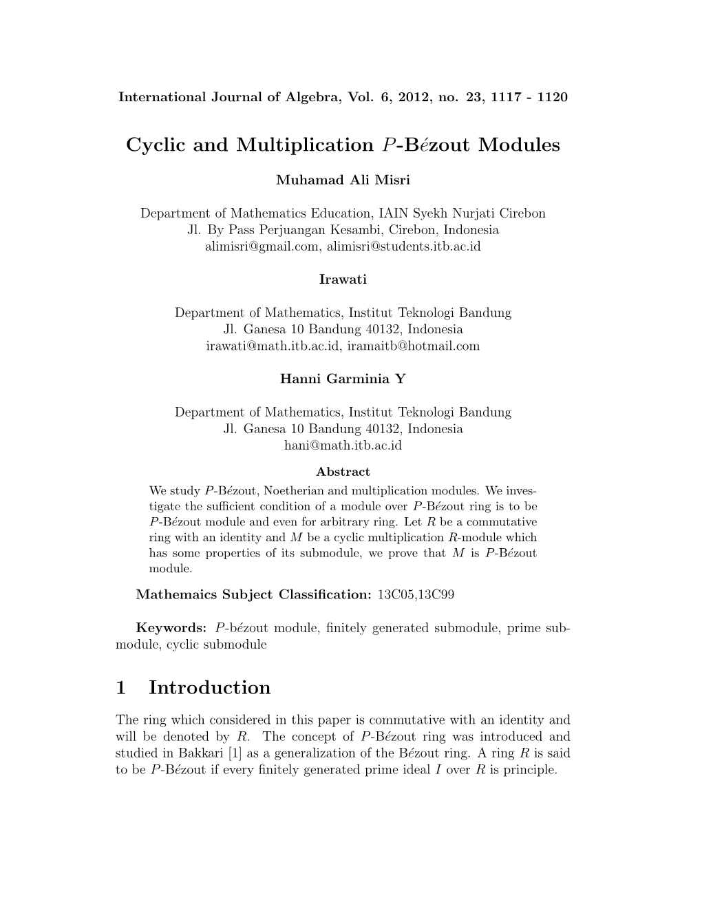 Cyclic and Multiplication P-Bezout Modules
